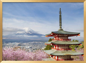 Magnificent view of Mount Fuji with Chureito Pagoda during cherry blossom season Poster