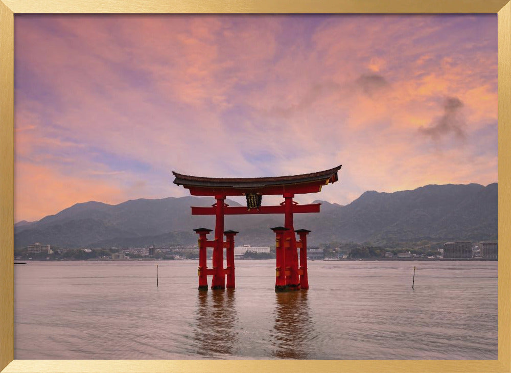 Vermilion Torii of Itsukushima Shrine on Miyajima at sunset Poster