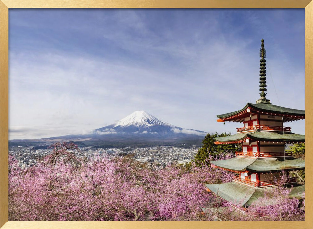 Magnificent panoramic view of Mount Fuji with Chureito Pagoda during cherry blossom season Poster