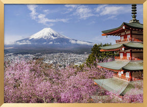 Gorgeous panoramic view of Mount Fuji with Chureito Pagoda during cherry blossom season Poster