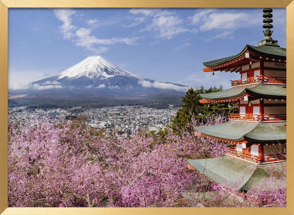 Picturesque view of Mount Fuji with Chureito Pagoda during cherry blossom season Poster