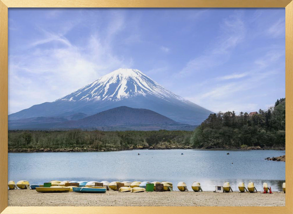 Idyllic Lake Shoji with majestic Mount Fuji Poster