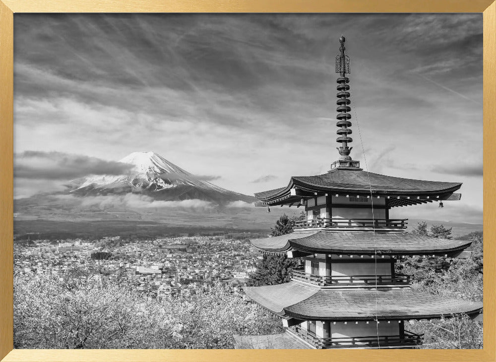 Magnificent view of Mount Fuji with Chureito Pagoda during cherry blossom season - monochrome Poster