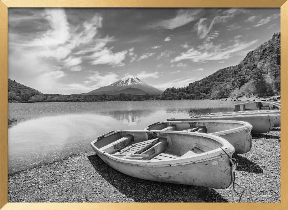 Idyllic Lake Shoji with Mount Fuji - monochrome Poster