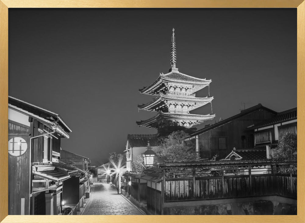 Yasaka Pagoda in historic Kyoto in the evening - monochrome Poster