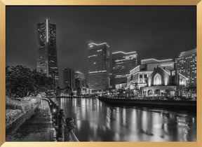 Fascinating Yokohama skyline at night - monochrome Poster