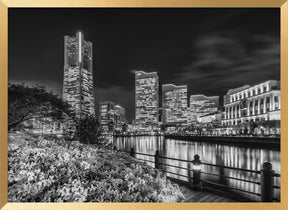 Idyllic Yokohama skyline at night - monochrome Poster