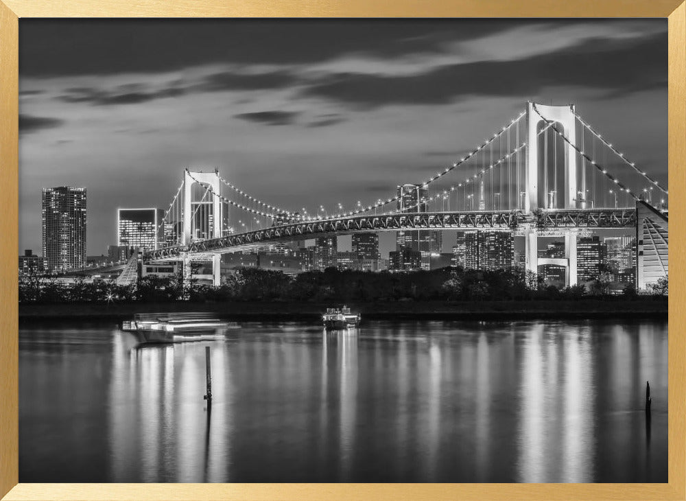 Charming Rainbow Bridge and Tokyo Skyline at sunset - monochrome panorama Poster