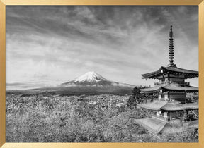 Magnificent panoramic view of Mount Fuji with Chureito Pagoda during cherry blossom season - monochrome Poster