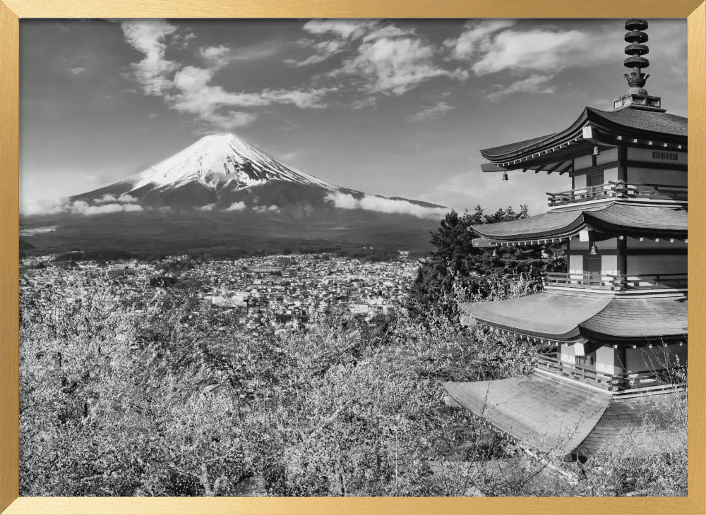 Gorgeous panoramic view of Mount Fuji with Chureito Pagoda during cherry blossom season - monochrome Poster