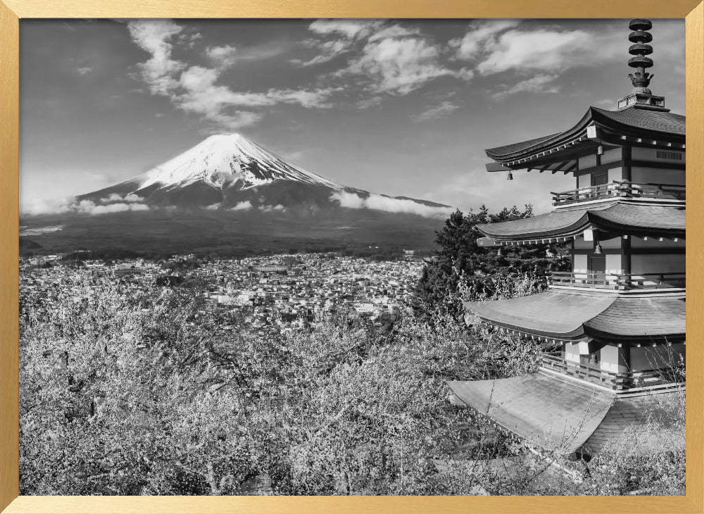 Picturesque view of Mount Fuji with Chureito Pagoda during cherry blossom season - monochrome Poster