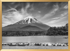 Idyllic Lake Shoji with majestic Mount Fuji - monochrome Poster