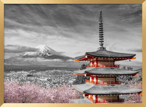 Magnificent view of Mount Fuji with Chureito Pagoda during cherry blossom season - colorkey Poster