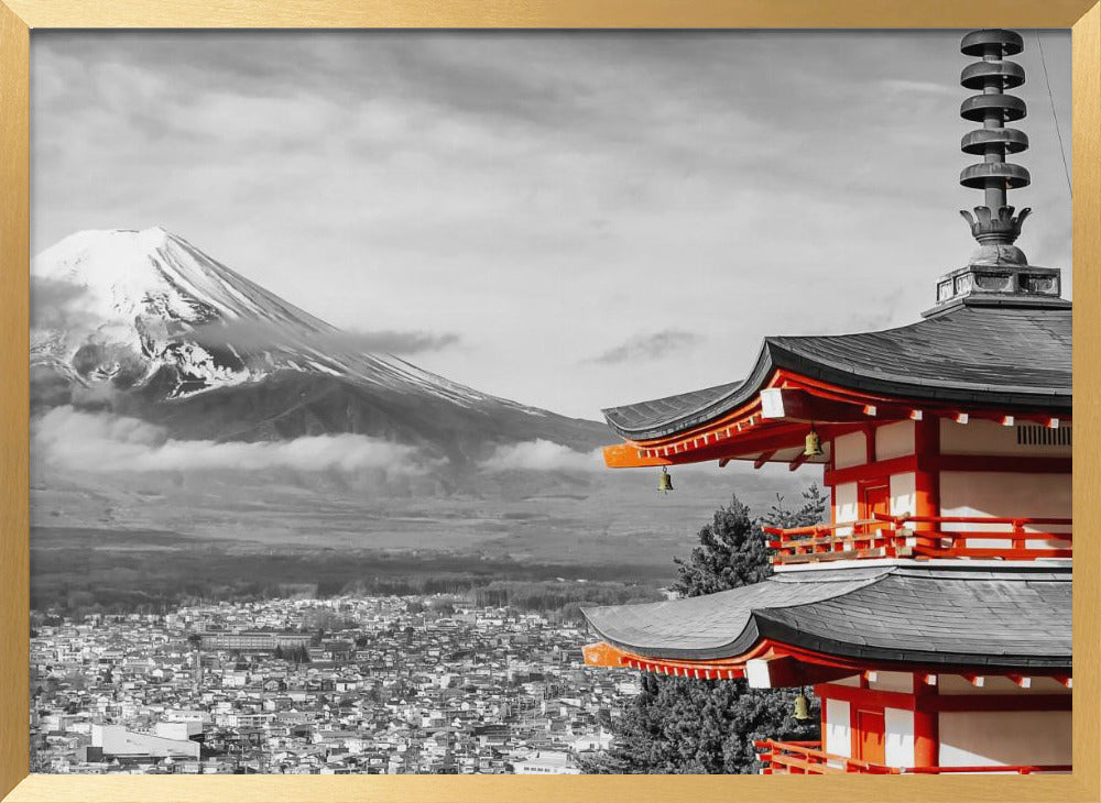 Unique panoramic view of Mount Fuji with Chureito Pagoda - colorkey Poster