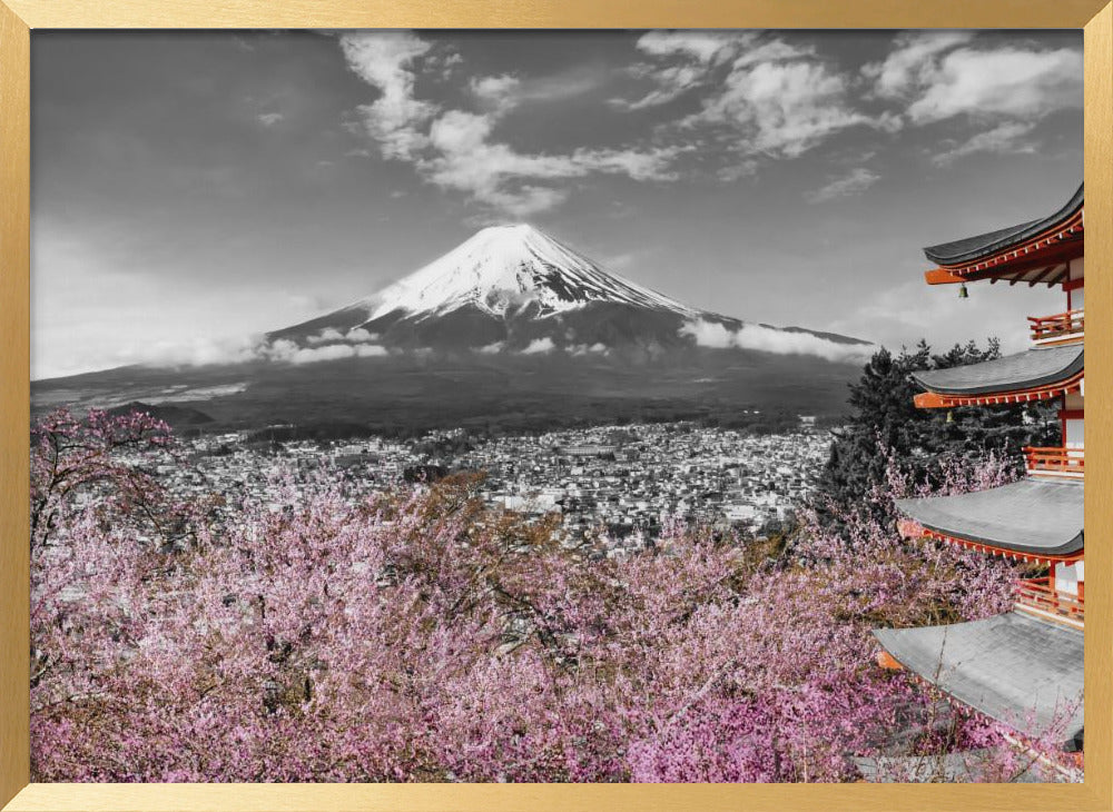 Idyllic panoramic view of Mount Fuji with Pagoda and Cherry Trees - colorkey Poster