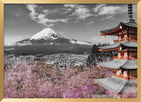 Lovely view of Mount Fuji with Pagoda and Cherry Trees - colorkey Poster