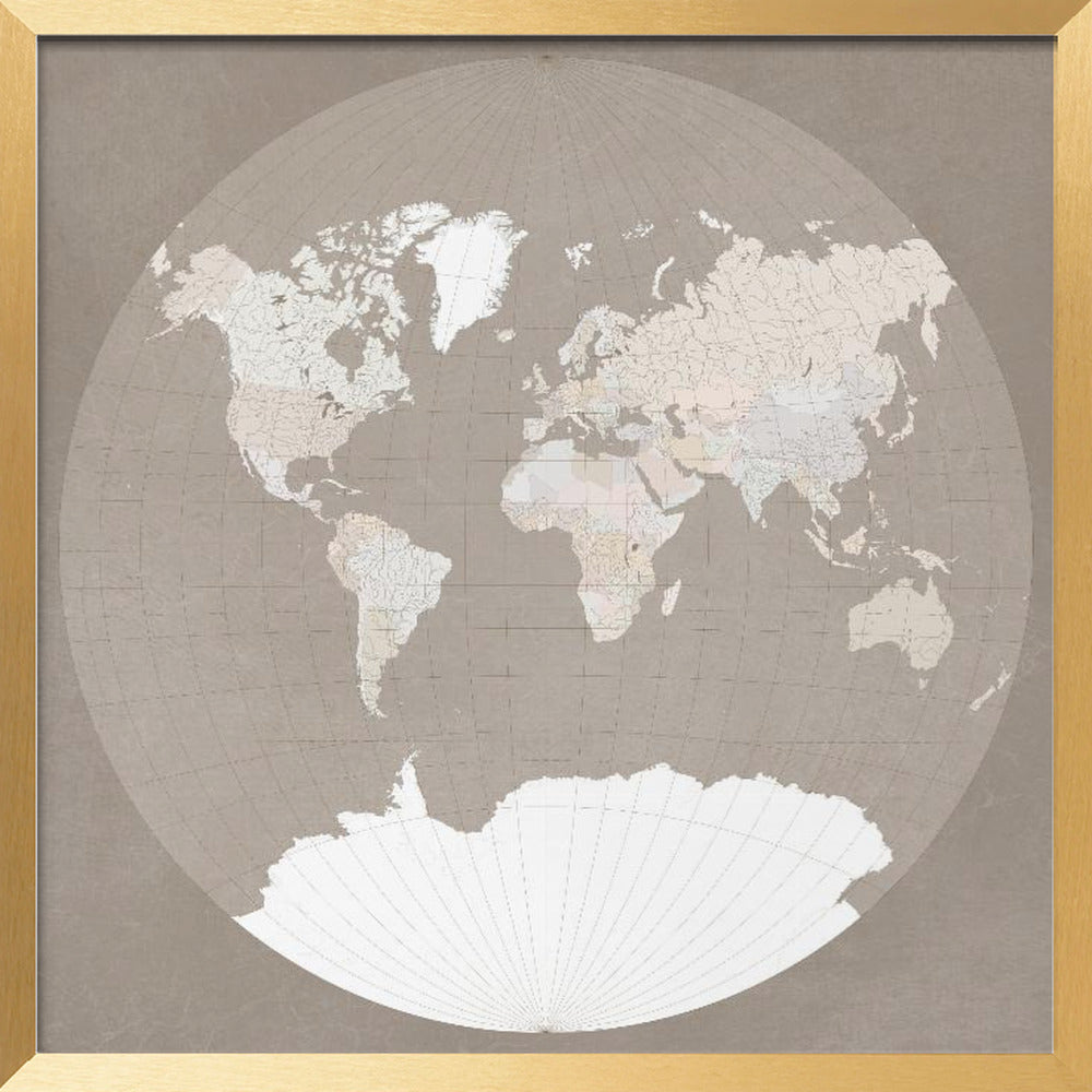 The world map in a circle, muted brown Poster