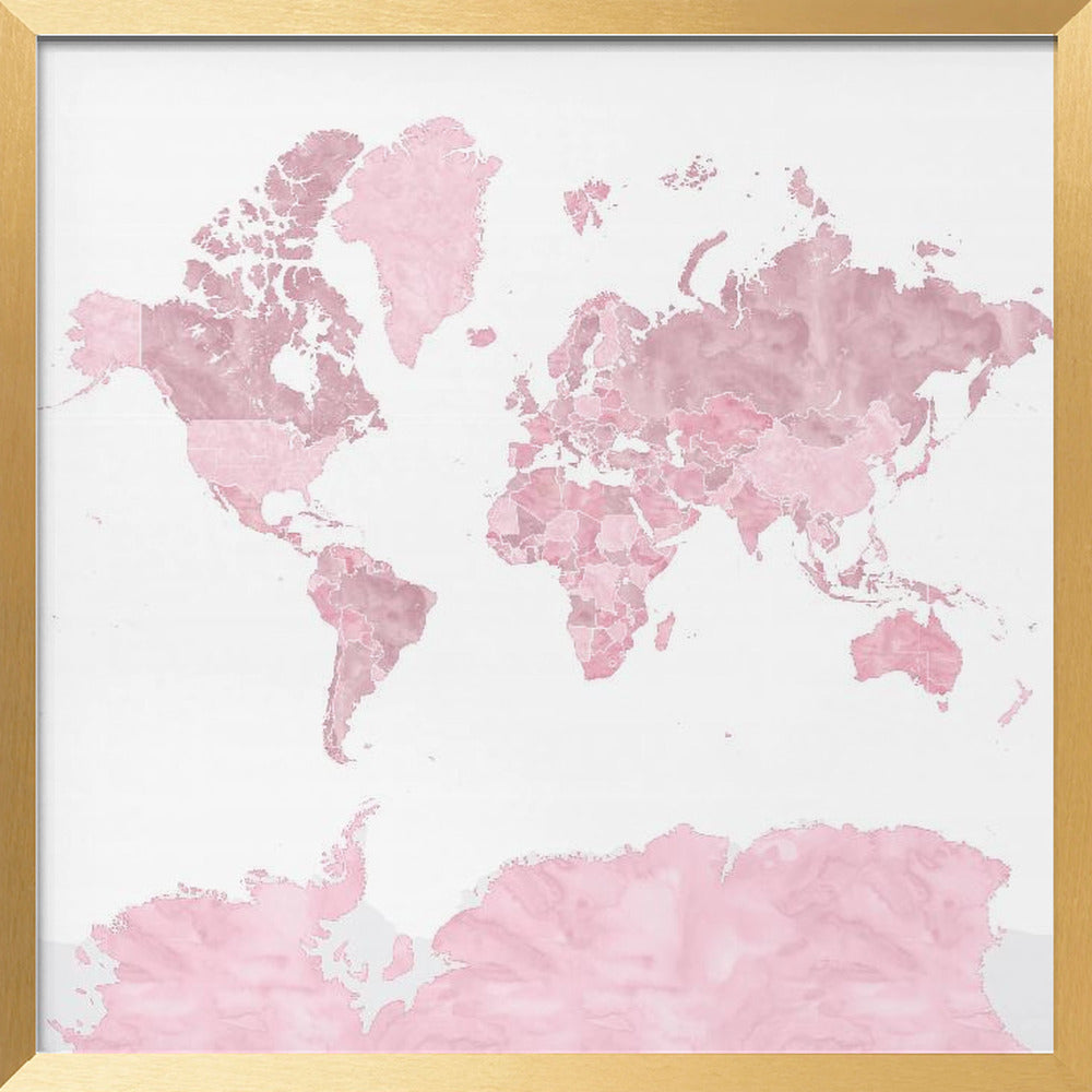 Pink watercolor world map with outlined countries, Melit Poster