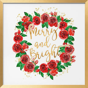 Merry and bright wreath of red English roses Poster