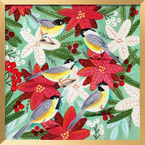 Winter birds tits and Christmas flowers Poster