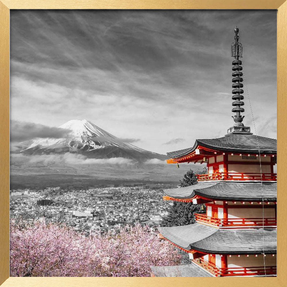 Lovely view of Mount Fuji with Chureito Pagoda during cherry blossom season - colorkey Poster