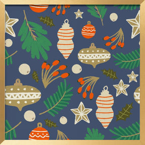 Christmas Baubles and Winter Foliage Blue Poster