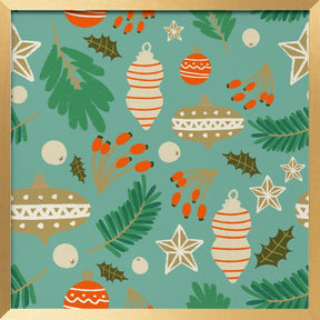 Christmas Baubles and Winter Foliage Retro Blue Poster