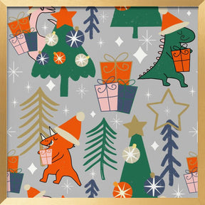 Dinosaurs Christmas Party Grey Poster