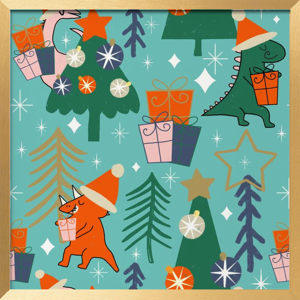 Dinosaurs Christmas Party Baby Blue Poster