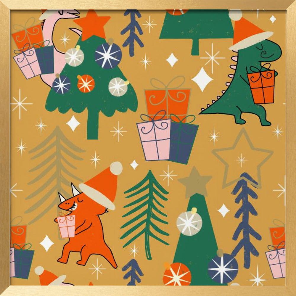 Dinosaurs Christmas Party Yellow Poster