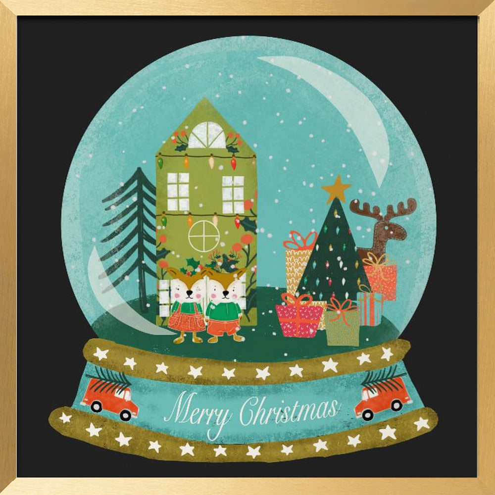 Christmas Snow Globe Village with Deer Family  - Merry Christmas Poster