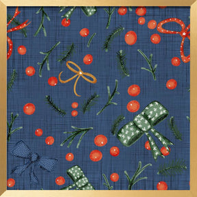 Moody Yuletide Holiday Bows and Berries Blue Poster