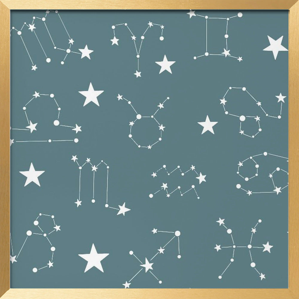 Celestial Constellation Boho-Moon and Stars In Dark Neutral-Slate Teal Poster