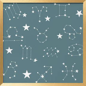 Celestial Constellation Boho-Moon and Stars In Dark Neutral-Slate Teal Poster