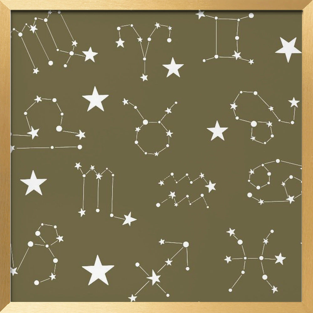 Celestial Constellation Boho-Moon and Stars In Dark Neutral-Olive Poster