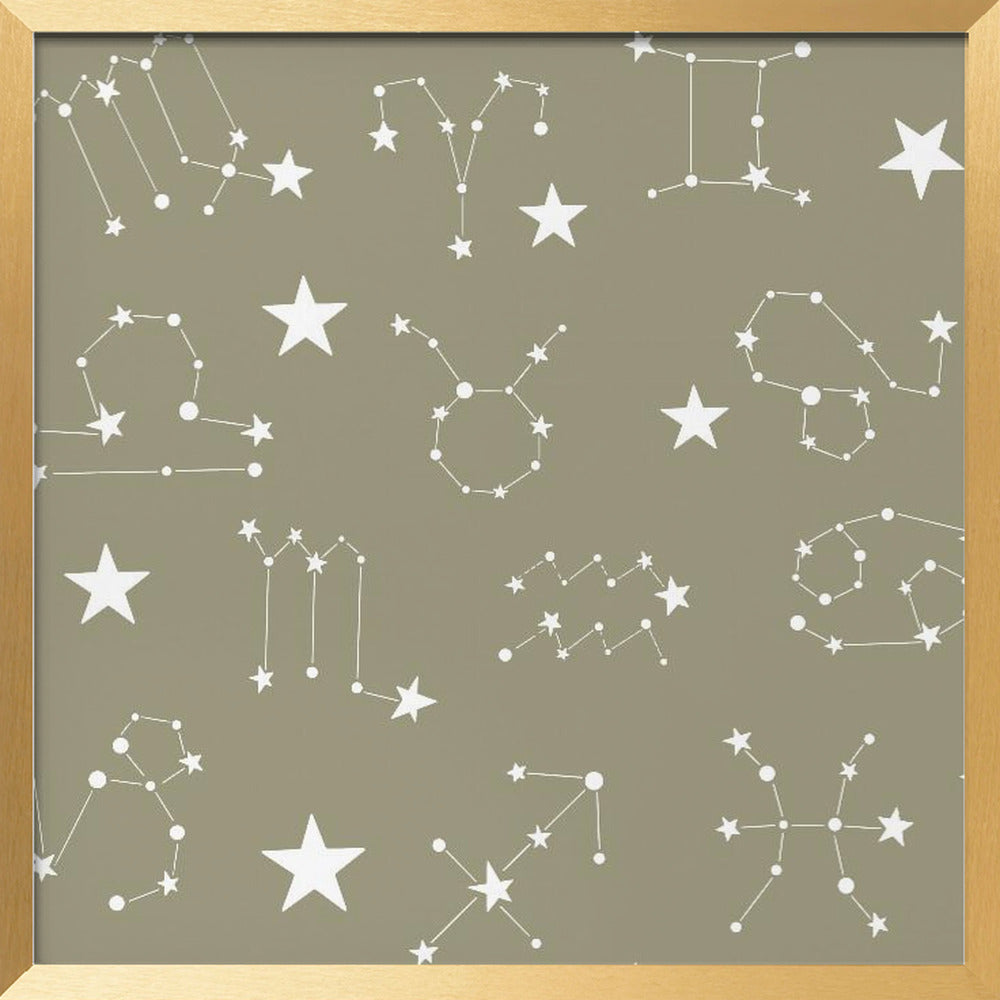 Celestial Constellation Boho-Moon and Stars In Dark Neutral - Olive Slate Poster