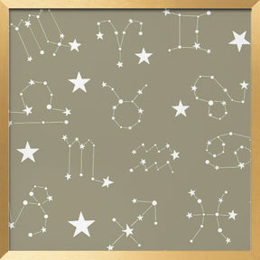 Celestial Constellation Boho-Moon and Stars In Dark Neutral - Olive Slate Poster