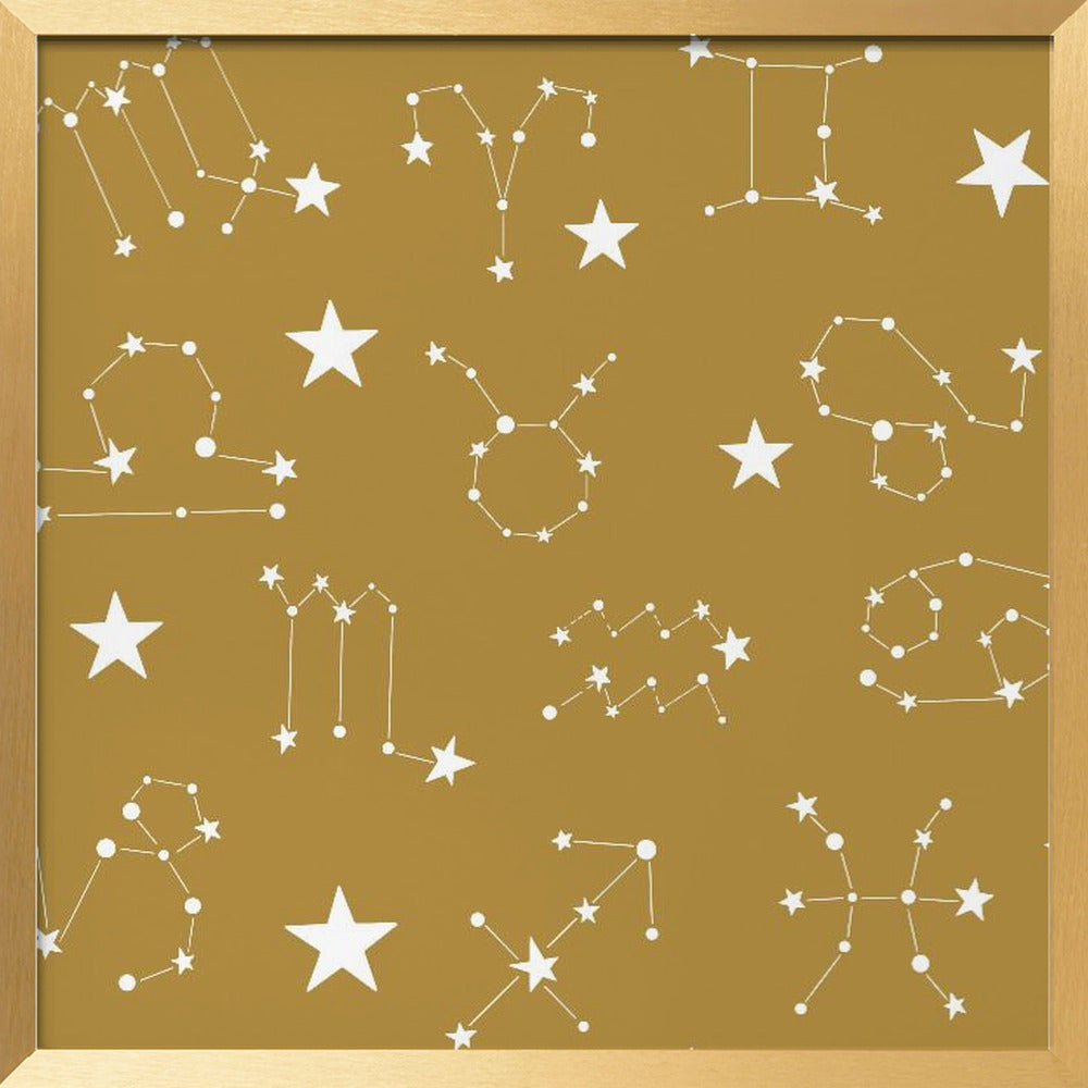 Celestial Constellation Boho-Moon and Stars In Dark Neutral-Mustard Poster