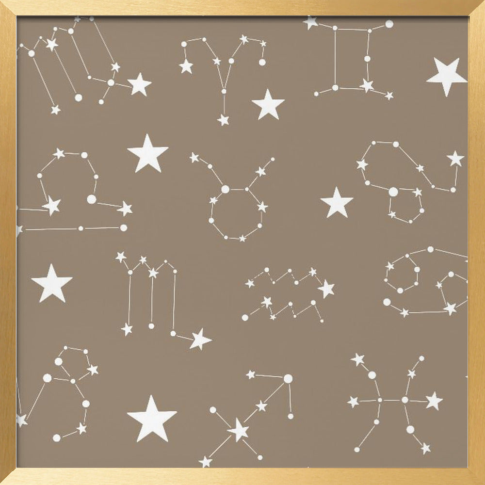 Celestial Constellation Boho-Moon and Stars In Dark Neutral- Taupe Poster