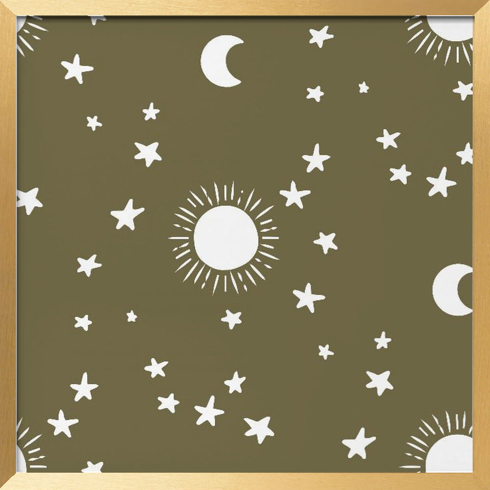 Celestial Dreamscape - Neutral Stars &amp; Shooting Stars Nursery- Olive Poster