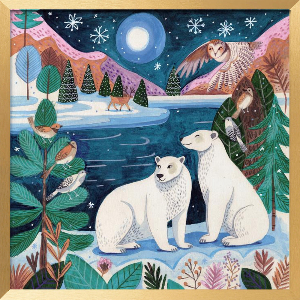 Polar bears Christmas at the North Pole under the moon Poster