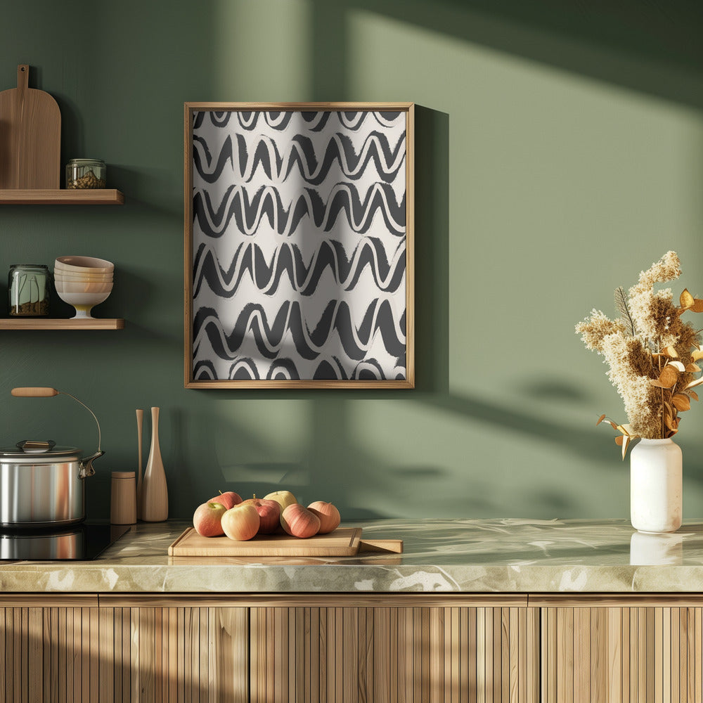 Beige Black Waves Pattern Poster