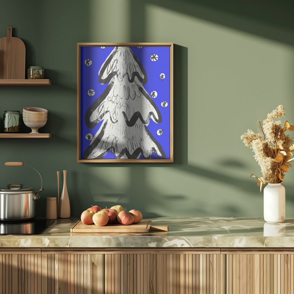 Christmas Tree And Snow Blue Poster