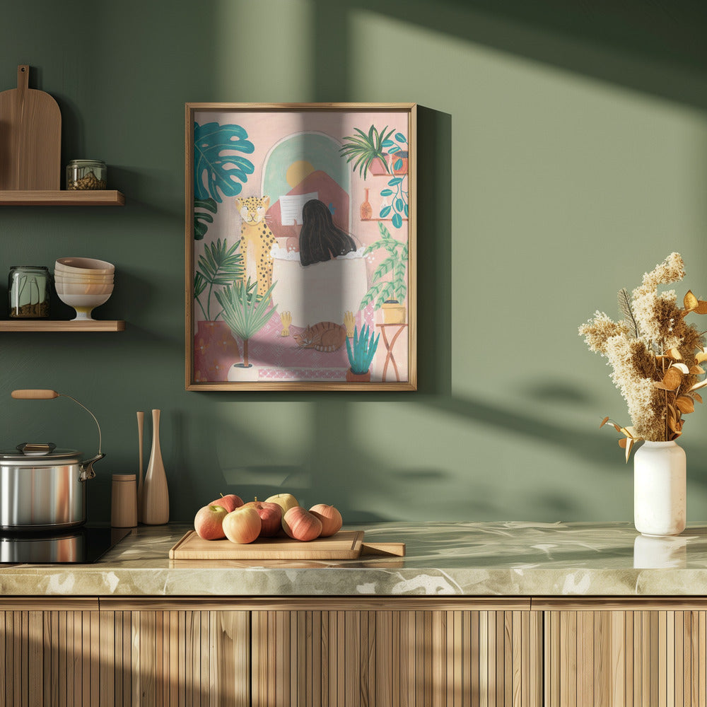 Woman taking bath in pink tropical bathroom Poster