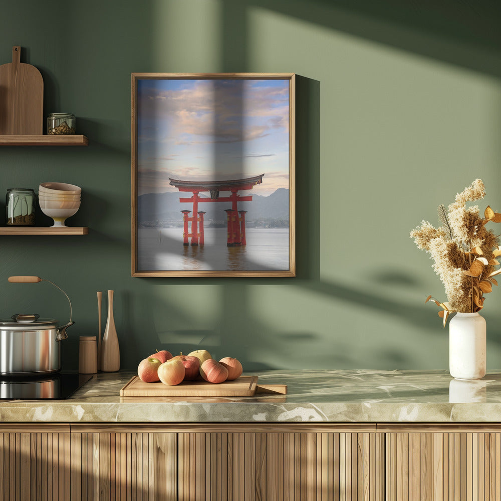 Vermilion Torii of Itsukushima Shrine on Miyajima in the evening Poster