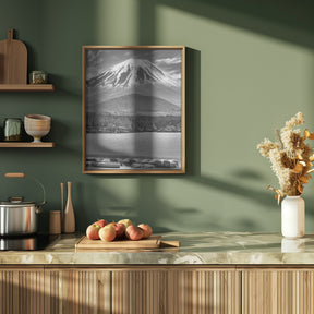 Picturesque Lake Shoji with striking Mount Fuji - monochrome Poster