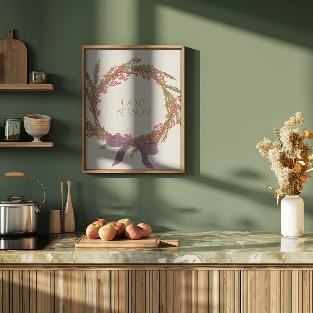 Cozy Season. Christmas wreath with bow Poster