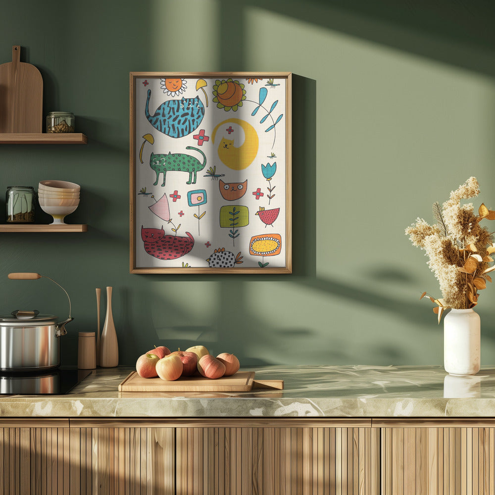 Spring Cat Beige - Cute Whimsical Cats with Flowers Poster