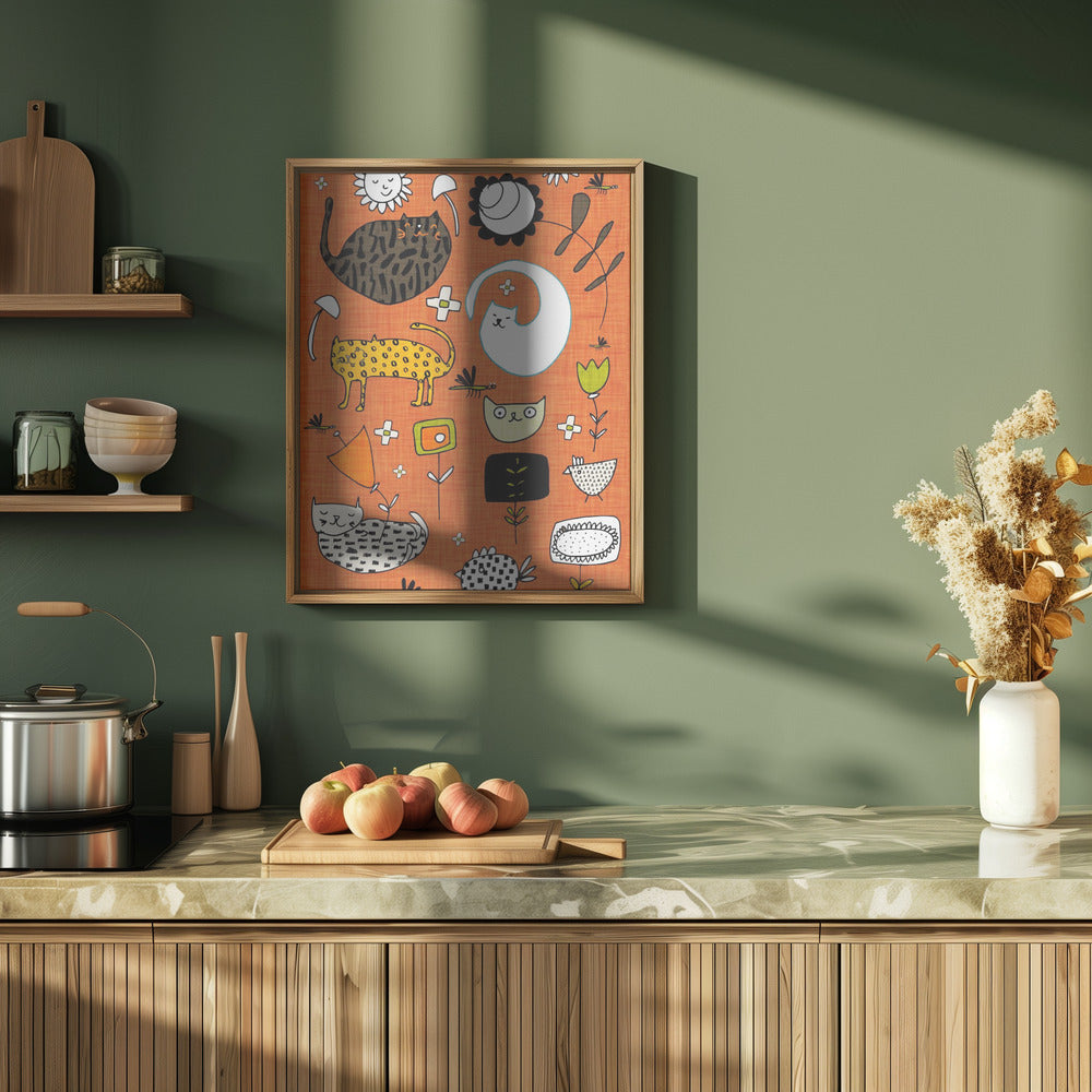 Spring Cat Orange - Cute Whimsical Cats with Flowers Poster