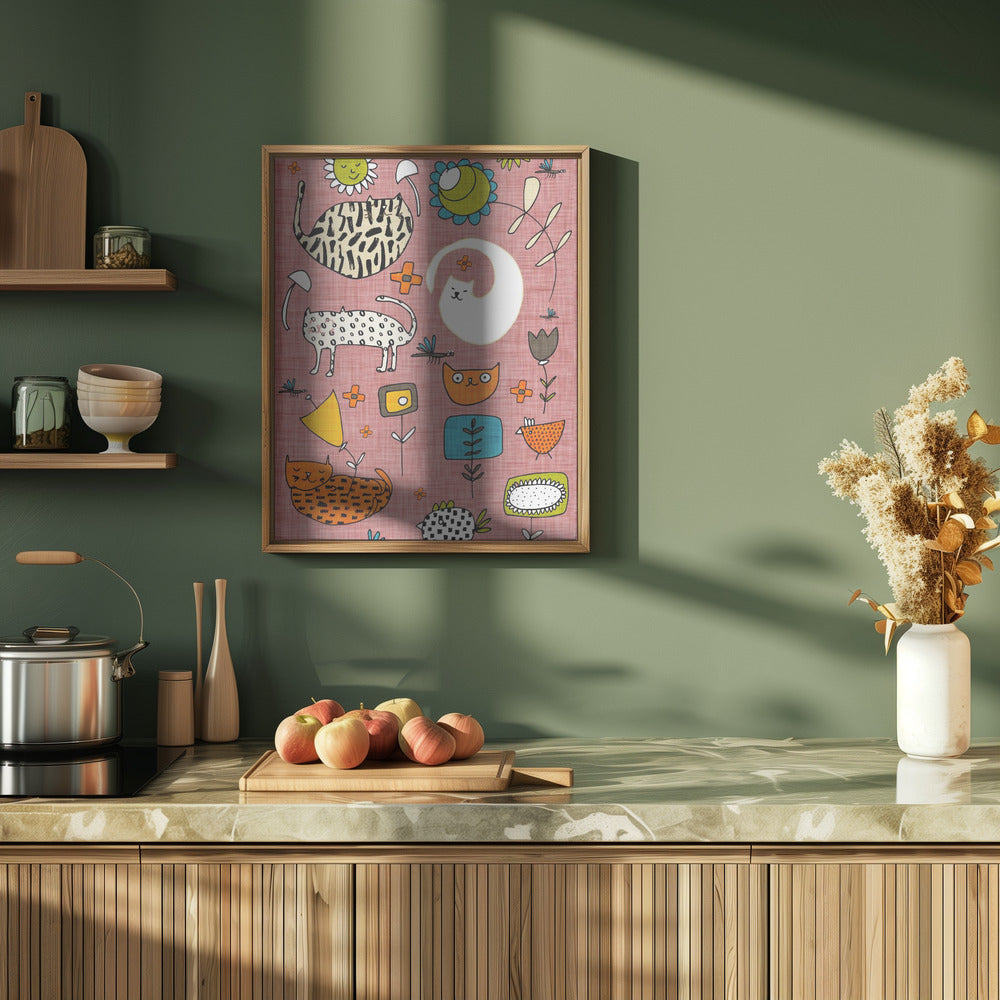 Spring Cat Pink - Cute Whimsical Cats with Flowers Poster